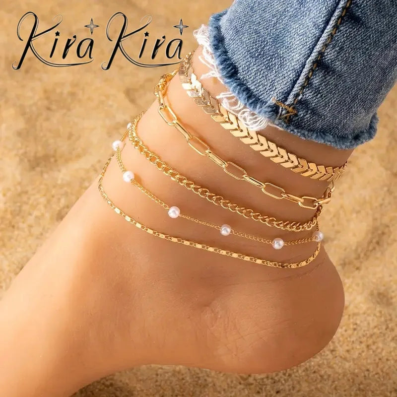 5-Piece Multi-Layer Pearl Anklet Set