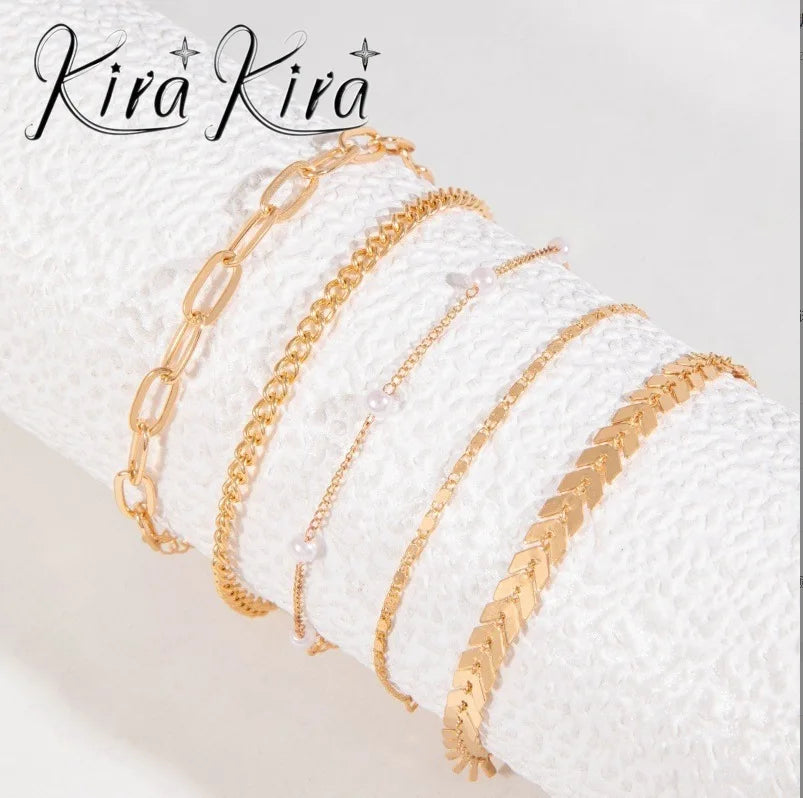 5-Piece Multi-Layer Pearl Anklet Set