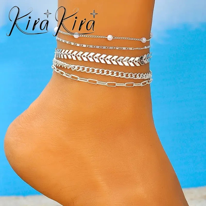 5-Piece Multi-Layer Pearl Anklet Set