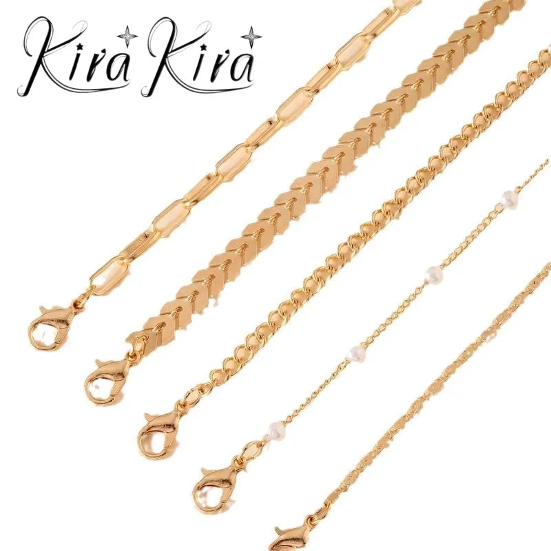 5-Piece Multi-Layer Pearl Anklet Set