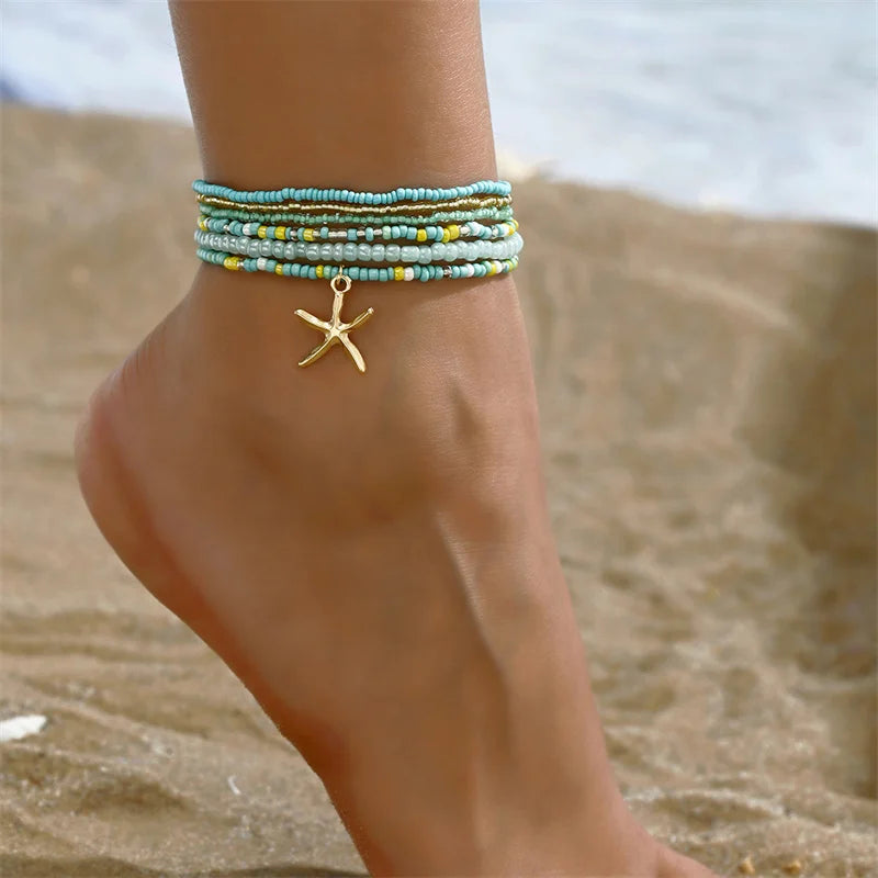 Bohemian Beaded Starfish Anklet Set