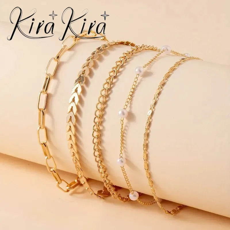 5-Piece Multi-Layer Pearl Anklet Set