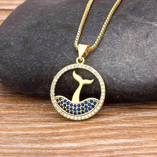 Vintage Gold Copper Fish Tail Necklace for Women, Boho Choker with Zircon Pendant