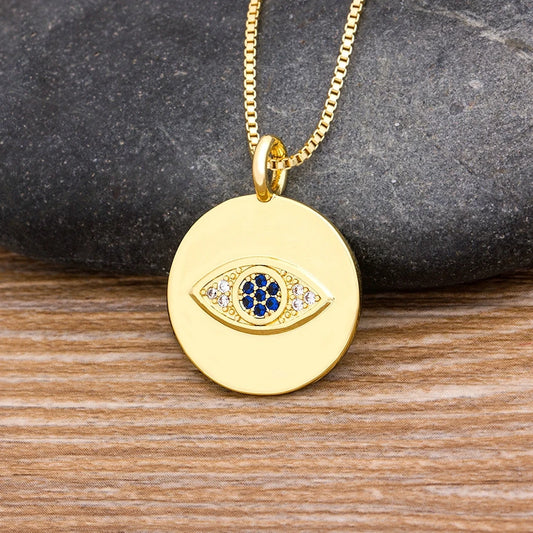 Bohemian Evil Eye Round Pendant Necklace for Women, Long Chain Vintage Charm