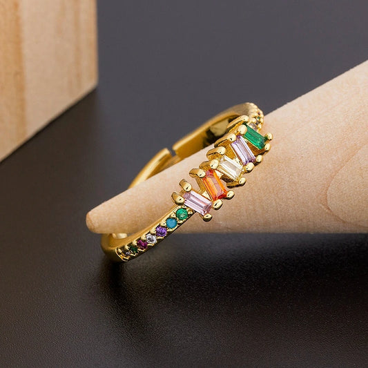 Rainbow Crystal Geometric Adjustable Rings for Women, Copper & Cubic Zirconia