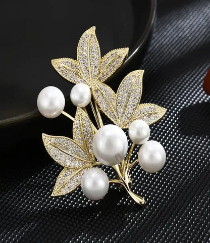 Golden Tulip Pearl Brooch – Rhinestone Pin