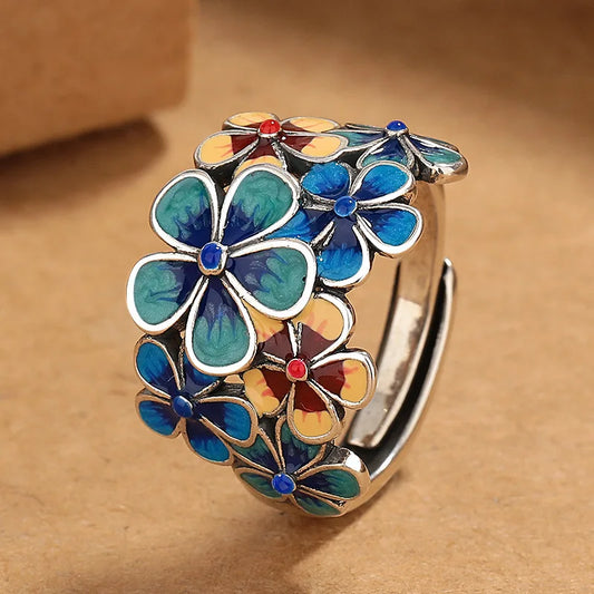 Adjustable Cloisonné Enamel Flower Ring – Vintage Ethnic Style