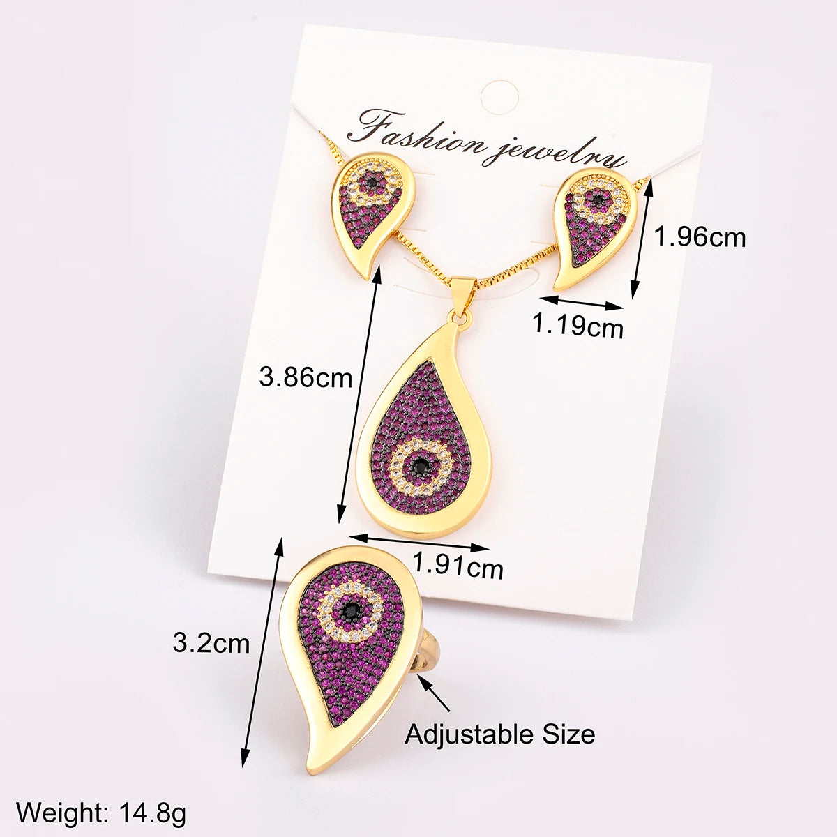 Evil Eye Jewelry Set with Necklace, Earrings & Ring