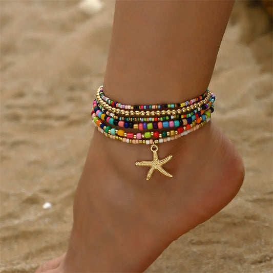 Bohemian Beaded Starfish Anklet Set