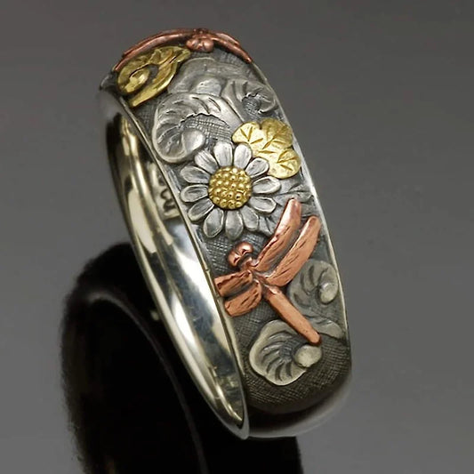 Vintage Dragonfly Sunflower Ring