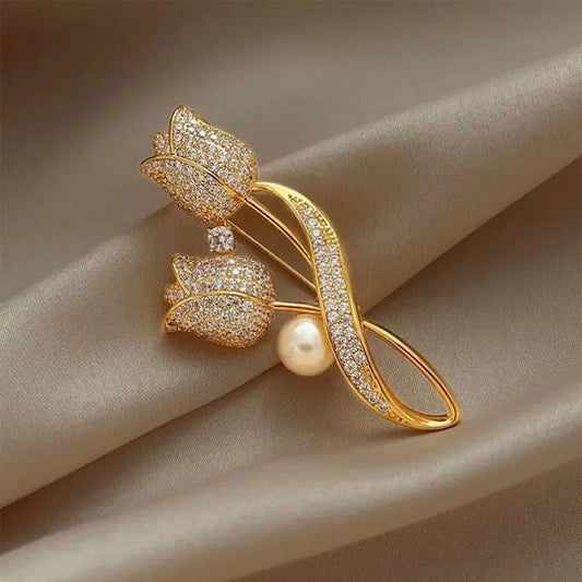 Golden Tulip Pearl Brooch – Rhinestone Pin