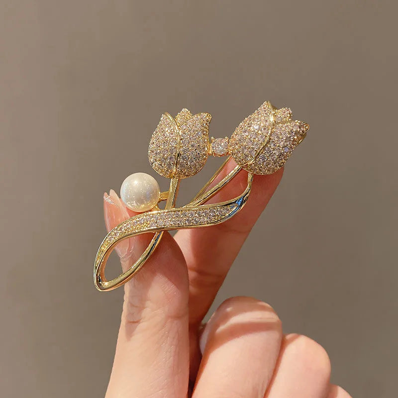 Golden Tulip Pearl Brooch – Rhinestone Pin