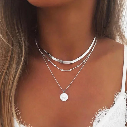 925 Sterling Silver Three-Layer Round Necklace for Women