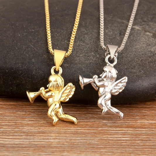 Retro Angel Blowing Trumpet Pendant Necklace for Women & Men