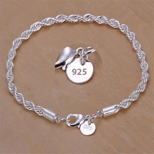 925 Sterling Silver Twisted Rope Chain Bracelet for Women & Men