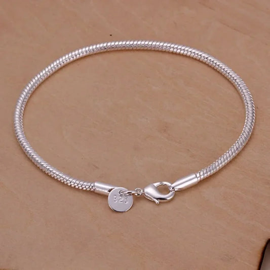 925 Sterling Silver 3MM Snake Chain Bracelet for Women