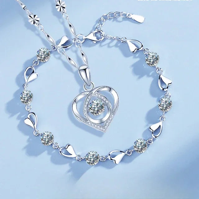 925 Sterling Silver Heart Necklace & Bracelet Set for Women