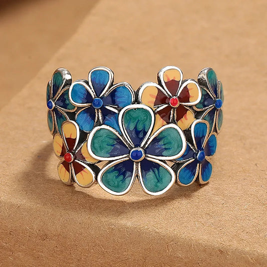 Adjustable Cloisonné Enamel Flower Ring – Vintage Ethnic Style