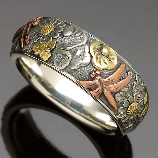 Vintage Dragonfly Sunflower Ring