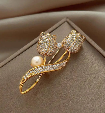 Golden Tulip Pearl Brooch – Rhinestone Pin